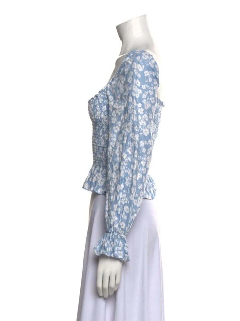 Reformation Blue Floral Linen Smocked Crop Top XS Cottagecore Coastal Chic